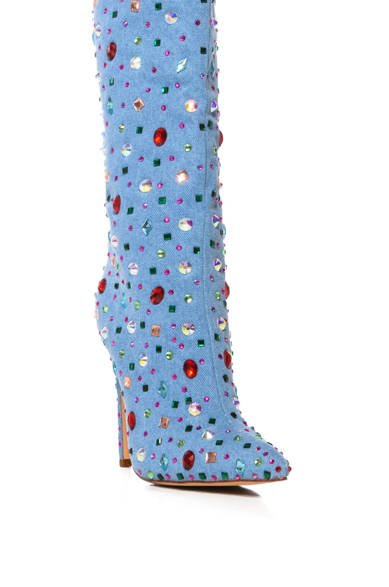 AZALEA WANG CHILI STILETTO EMBELLISHED BOOT IN DENIM