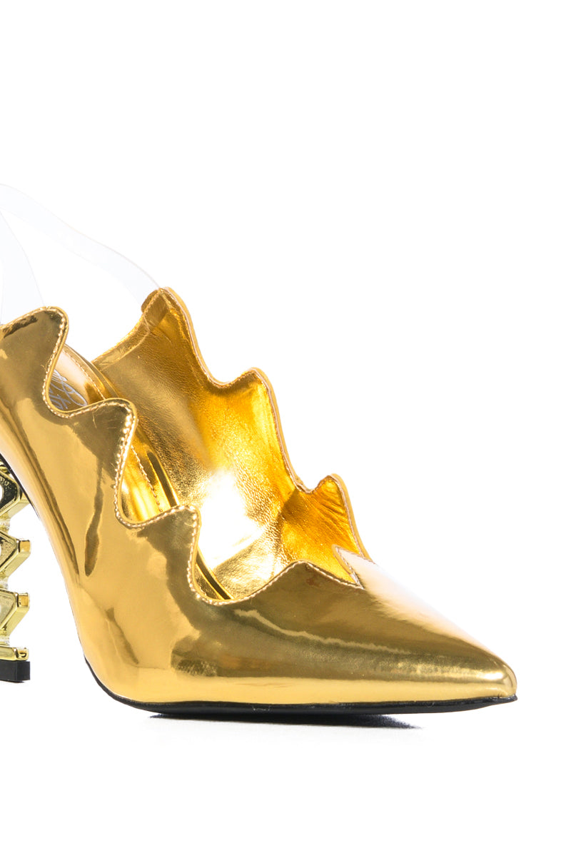 LIGHTNING STRIKE METALLIC SQUIGGLE HEEL PUMP IN GOLD