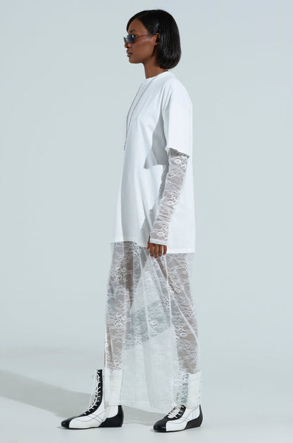 GIRLY BUT NOT LAYERED LACE MIDI DRESS IN WHITE