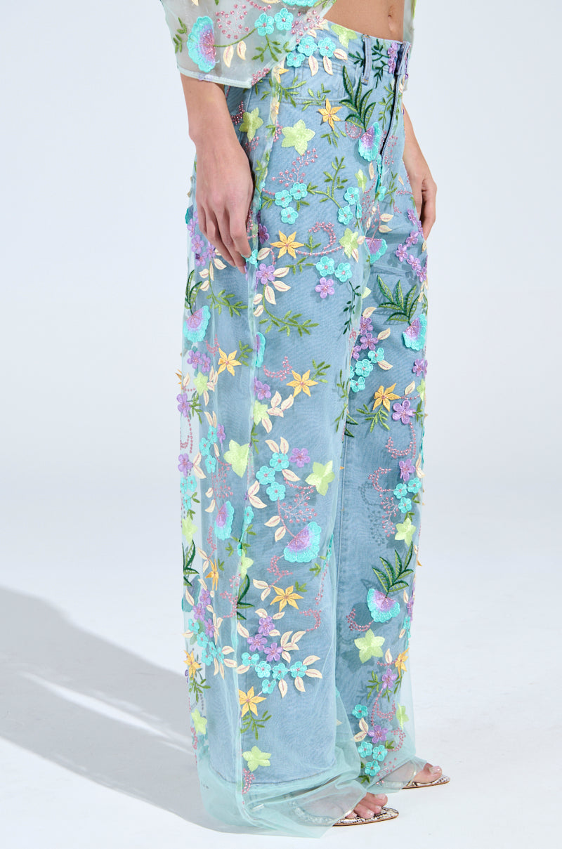 GARDENIA DENIM WITH FLORAL TULLE WIDE LEG JEANS