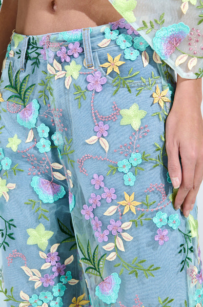 GARDENIA DENIM WITH FLORAL TULLE WIDE LEG JEANS
