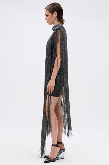 MIXED MESSAGES METALLIC BANDAGE MINI DRESS WITH FRINGE