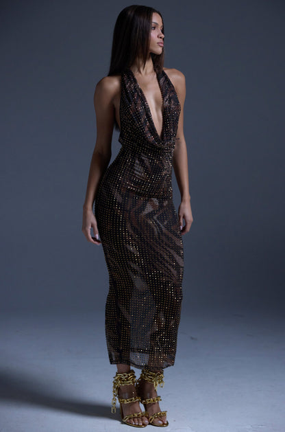 LENNON PRINTED MESH RHINESTONE MIDI DRESS