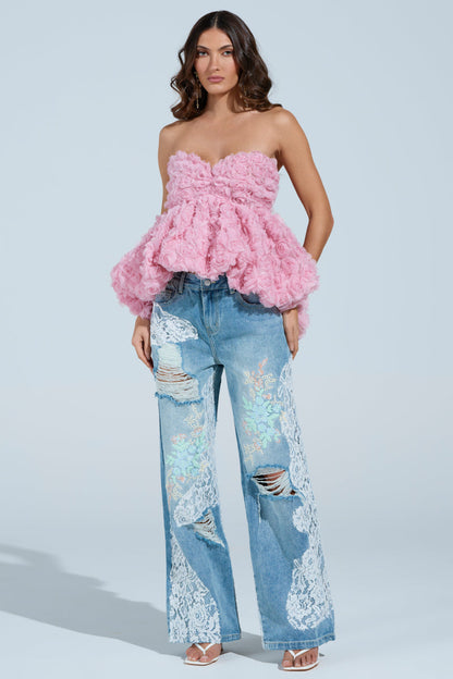 PICKING PETALS FLORAL AND LACE DETAIL DENIM PANTS