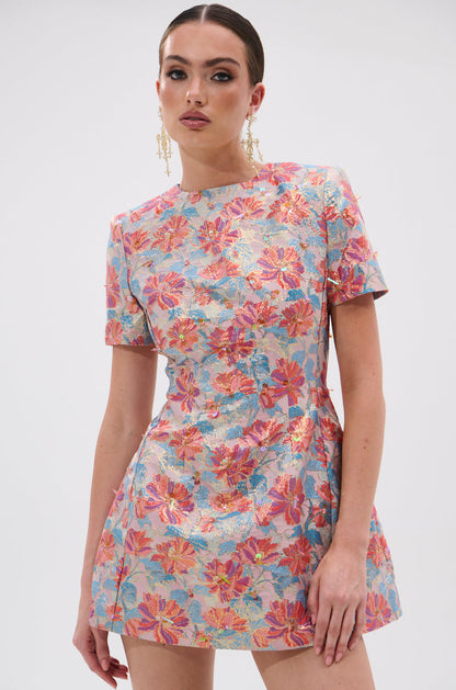 PRETTY IN PINK BROCADE BEADED MINI DRESS