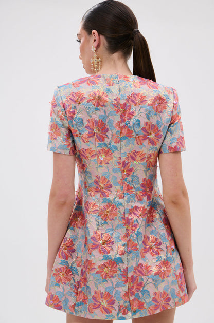 PRETTY IN PINK BROCADE BEADED MINI DRESS