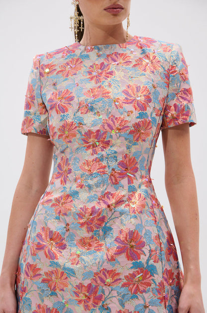 PRETTY IN PINK BROCADE BEADED MINI DRESS