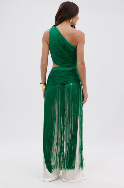 GINA SINGLE SHOULDER FRINGE TOP IN KELLY GREEN