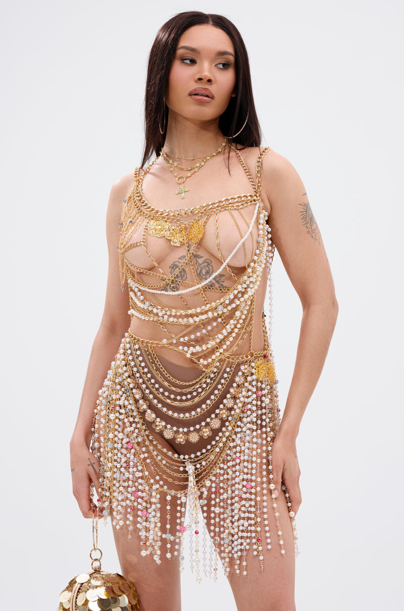 NAMIKA LAYERED CHAIN AND PEARL MINI DRESS