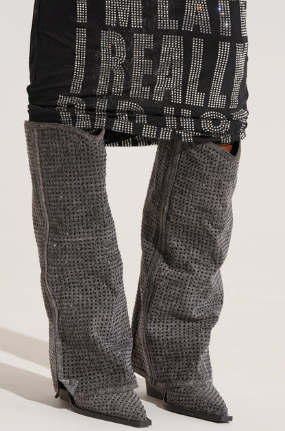 AZALEA WANG CALCIFER GRAY RHINESTONE AND DENIM WESTERN BOOT