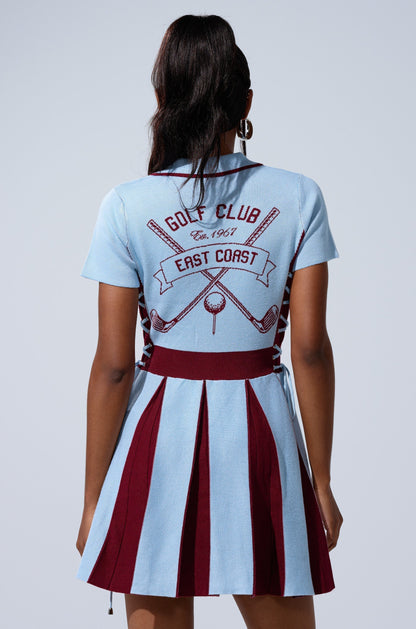 DREKE KNIT MINI DRESS IN BLUE AND BURGUNDY