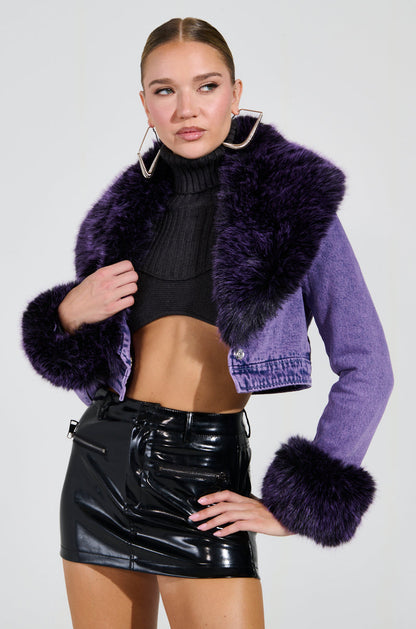 GISELE CROPPED FUR TRIM DENIM JACKET IN PURPLE