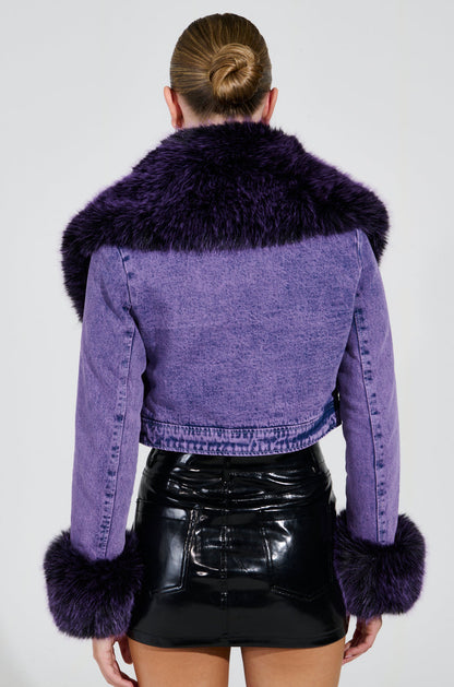 GISELE CROPPED FUR TRIM DENIM JACKET IN PURPLE