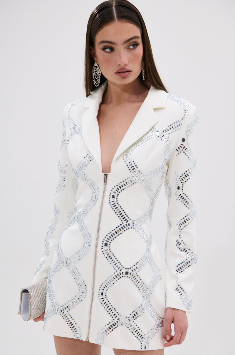 LOOK AT ME RHINESTONE BLAZER DRESS IN WHITE