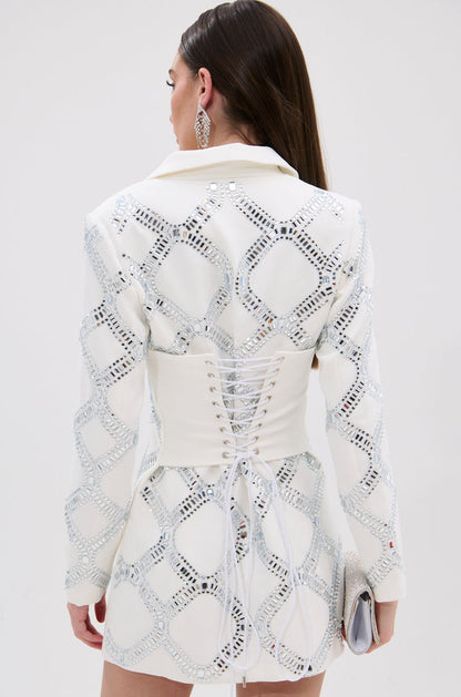 LOOK AT ME RHINESTONE BLAZER DRESS IN WHITE