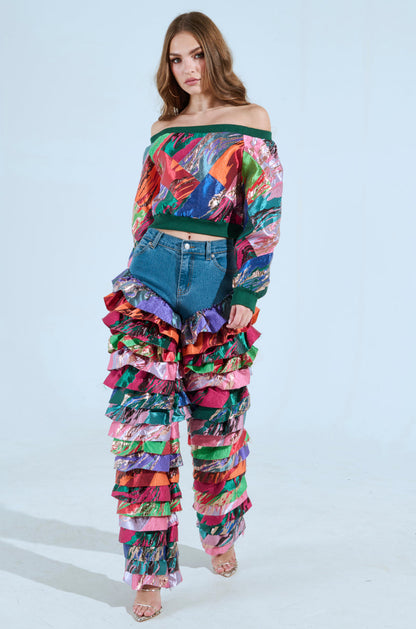 LIFE IS BUT A DREAM BROCADE RUFFLE DENIM