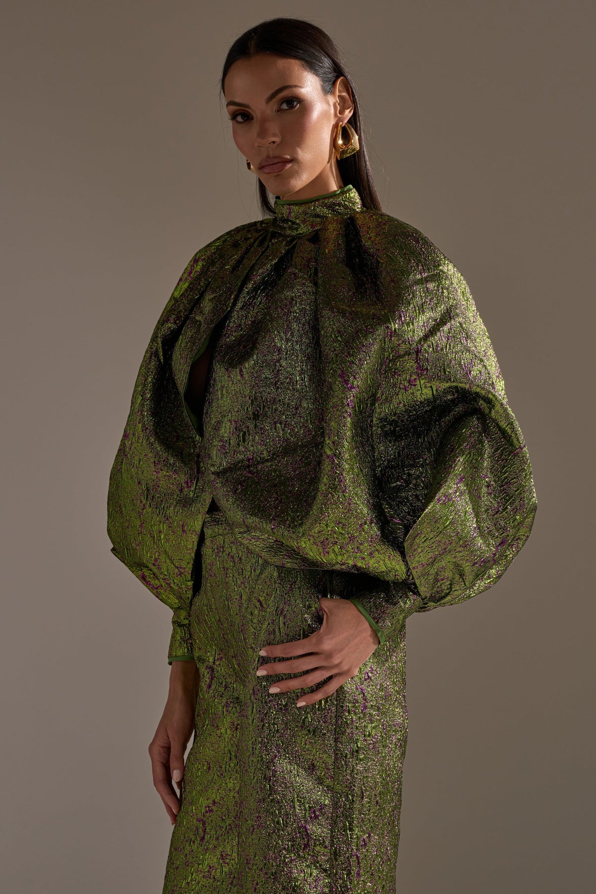 LAYLA BROCADE PUFF SLEEVE MOCK NECK TOP