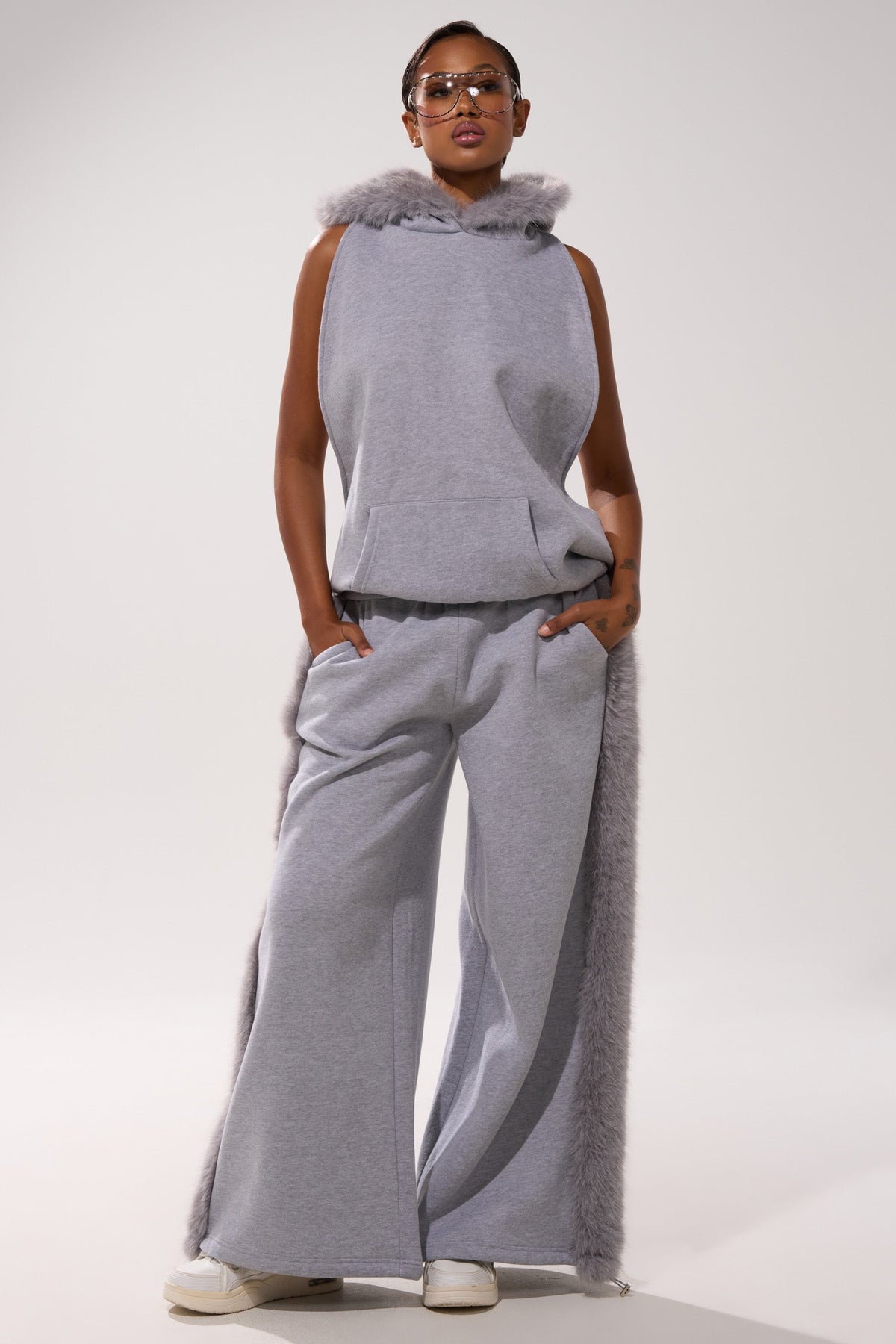 LUXE FUR OPEN-BACK SWEATSHIRT IN GREY