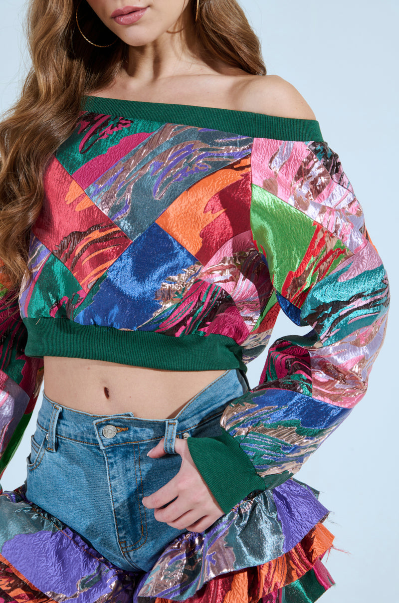 LIFE IS BUT A DREAM OFF THE SHOULDER MULTI PRINT SWEATSHIRT