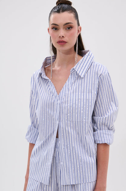 NOTHING BETTER STRIPE BUTTON DOWN WITH RHINESTONE