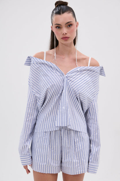 NOTHING BETTER STRIPE BUTTON DOWN WITH RHINESTONE