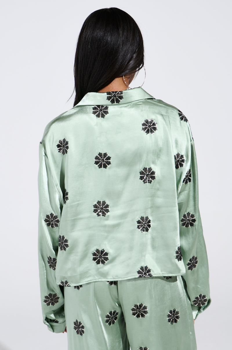 DREAMS COMING TRUE SATIN BUTTON DOWN TOP