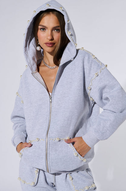 PEARL DETAIL ZIP UP SWEATSHIRT