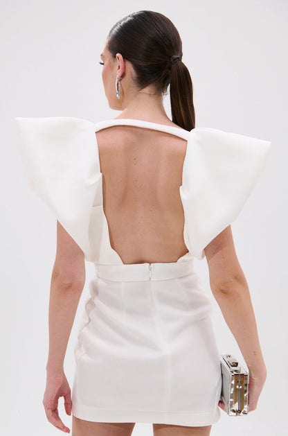 IRREPLACEABLE RUFFLE SLEEVE TULIP HEM MINI DRESS IN WHITE