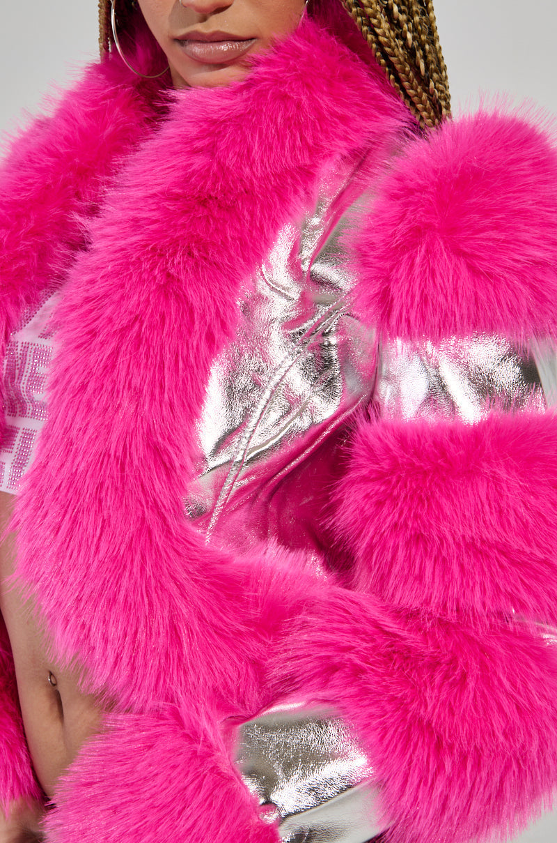 LOVERBOY FAUX FUR MOTO JACKET IN PINK