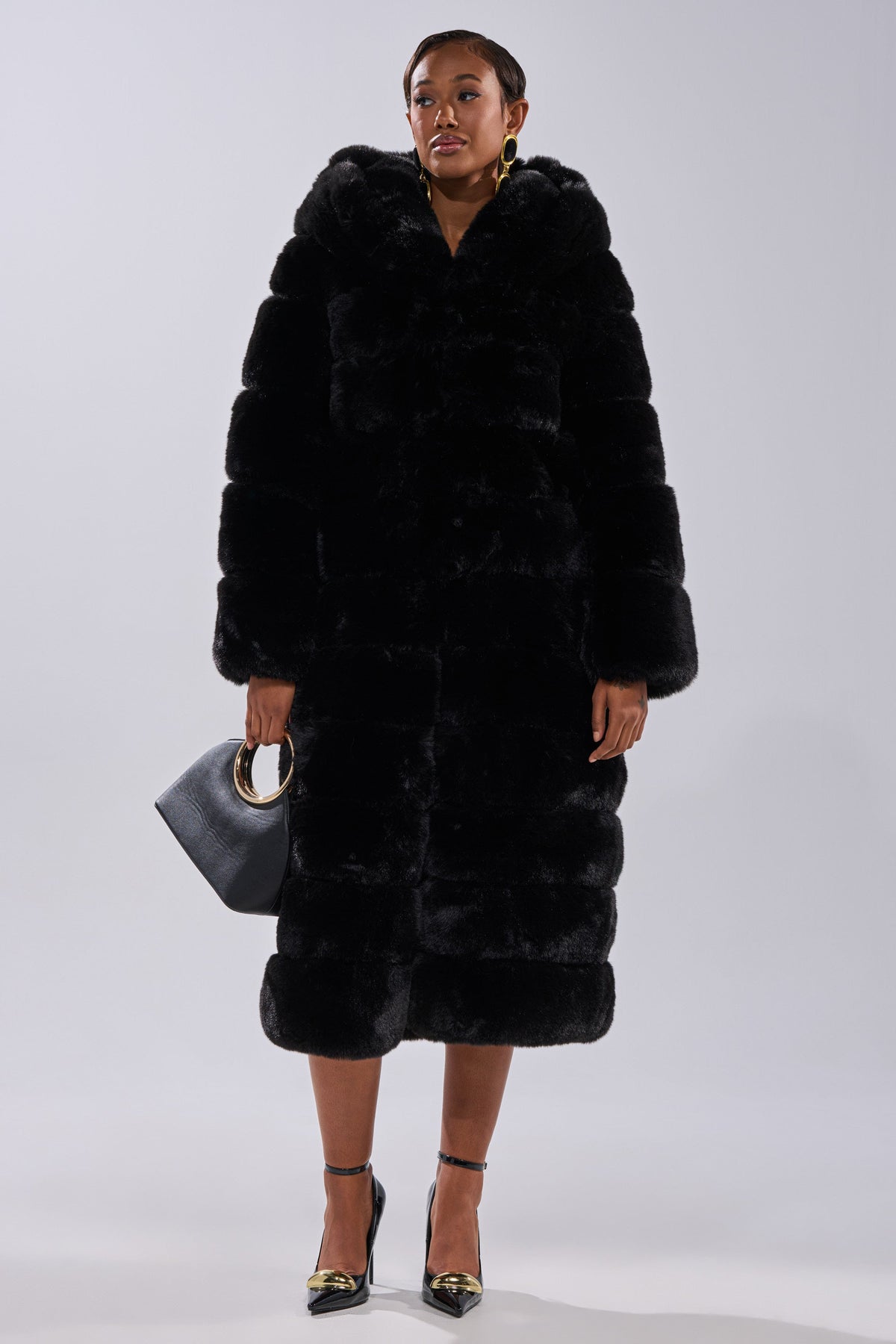 FAUX FUR PANEL HOODED TRENCH IN BLACK