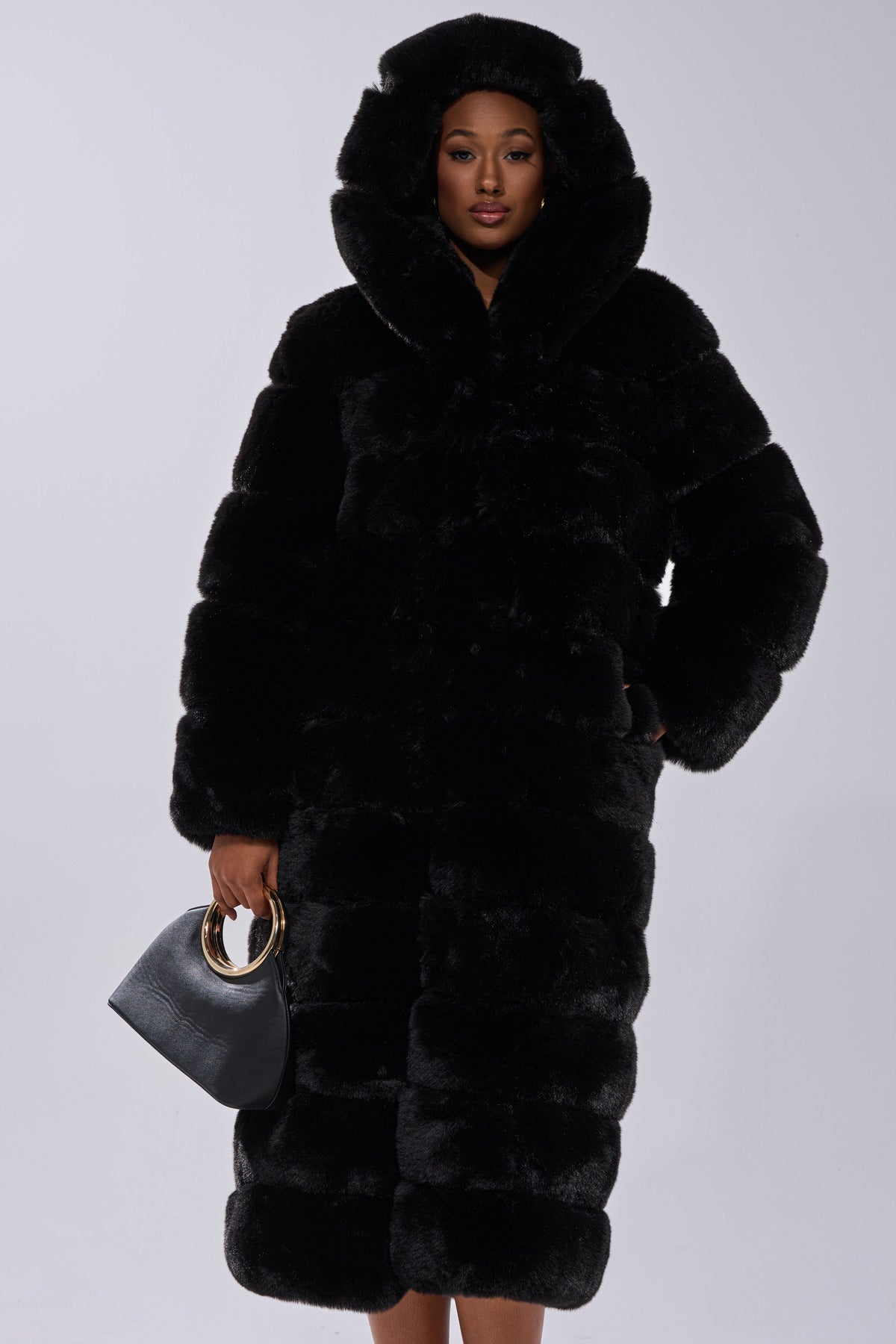 FAUX FUR PANEL HOODED TRENCH IN BLACK