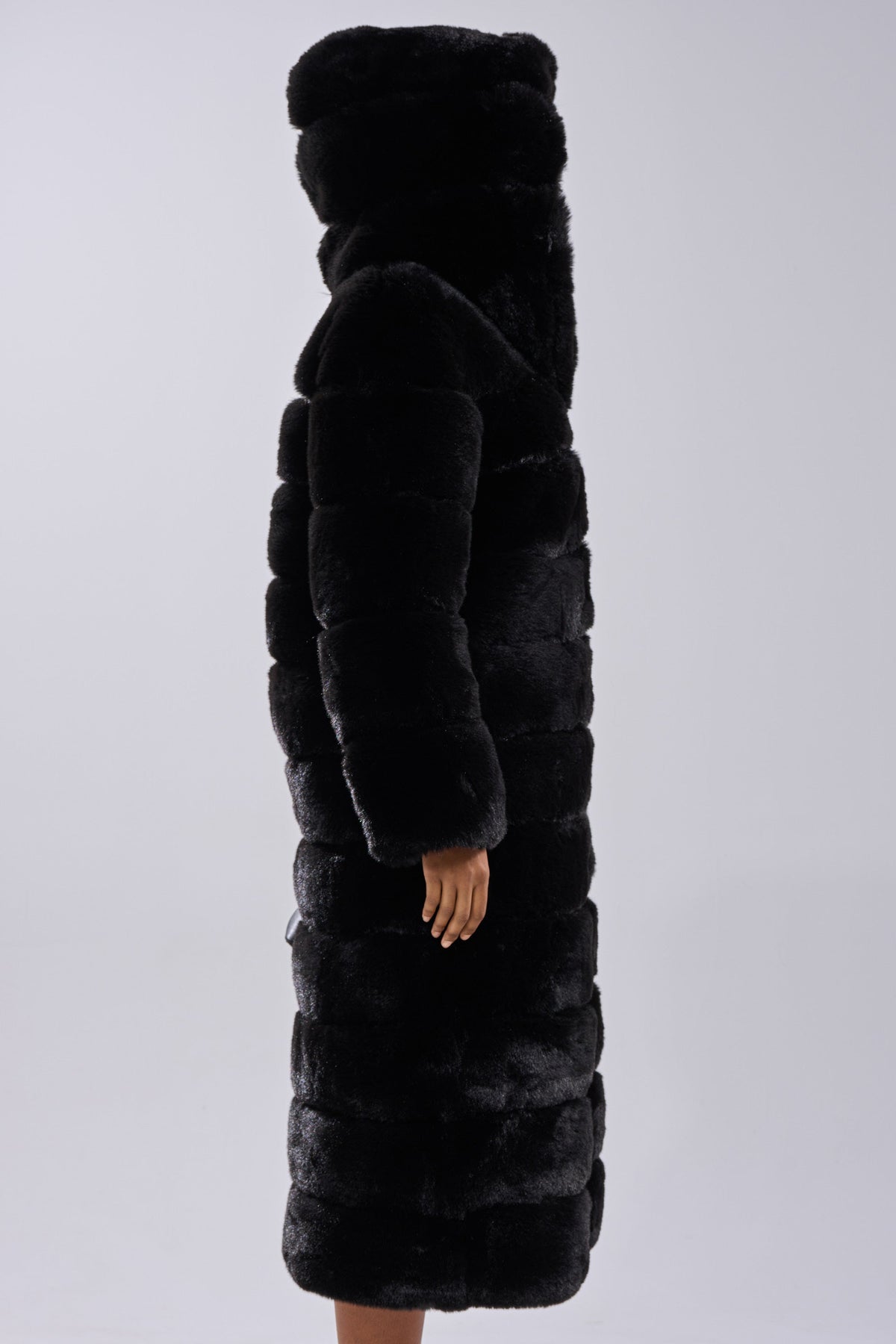 FAUX FUR PANEL HOODED TRENCH IN BLACK