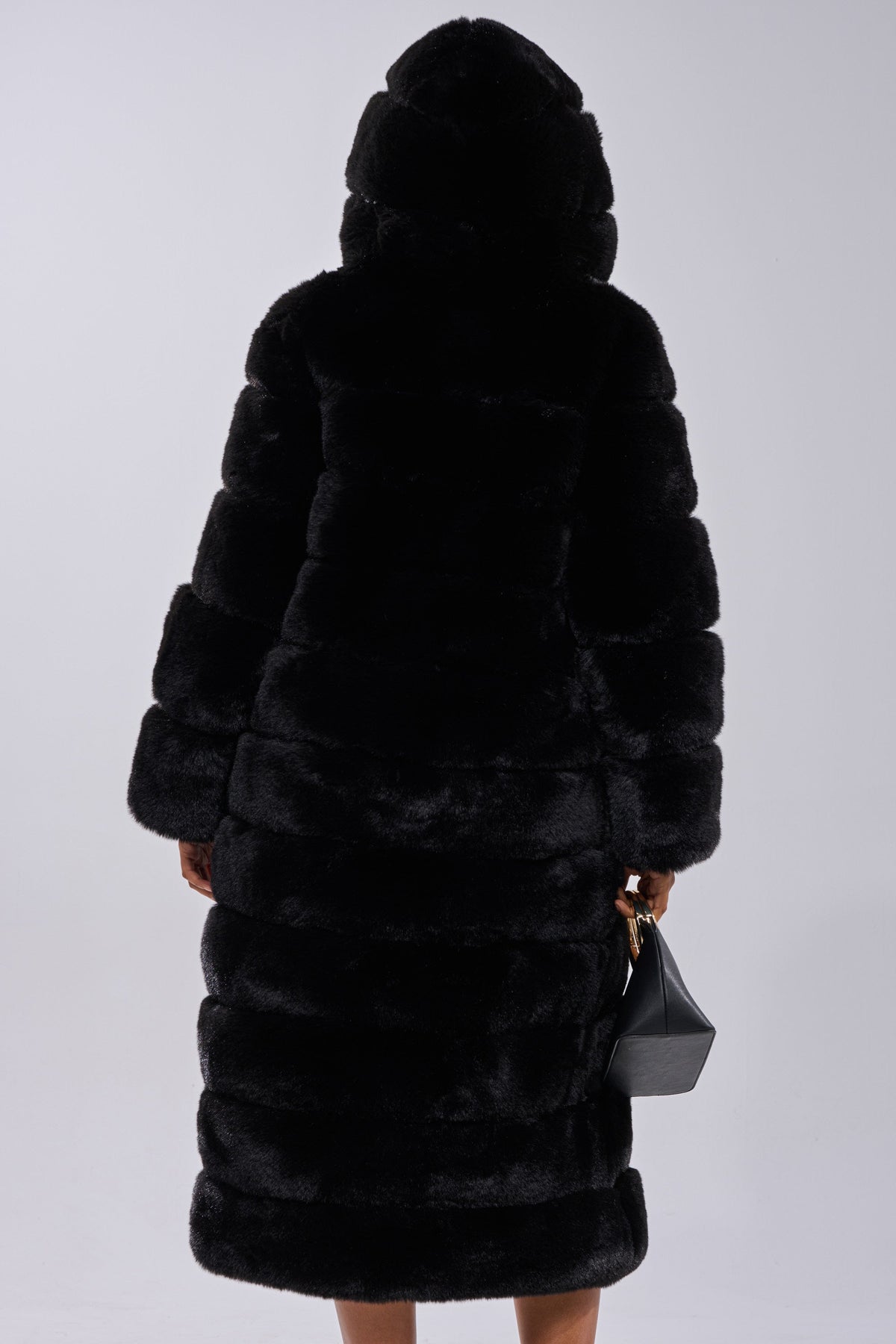 FAUX FUR PANEL HOODED TRENCH IN BLACK