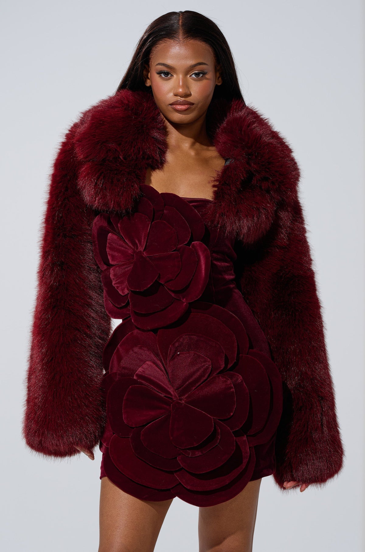 LEILA ULTRA CROP FAUX FUR IN BURGUNDY