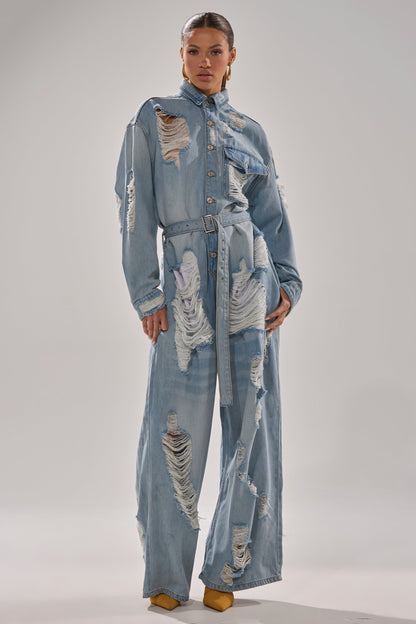NOT TODAY EXTREME OVERSIZED DISTRESSED DENIM JUMPSUIT