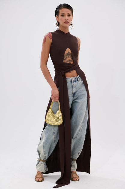 OVER THE TOP CUTOUT SWEATER IN CHOCOLATE BROWN