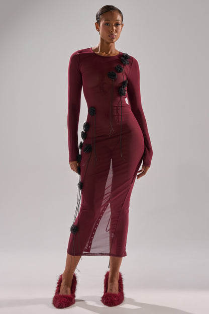 OBVIOUSLY MESH MIDI DRESS IN BURGUNDY