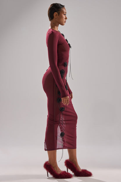 OBVIOUSLY MESH MIDI DRESS IN BURGUNDY