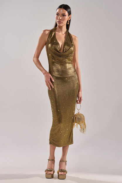 POPPIN' BOTTLES RHINESTONE MAXI DRESS IN GOLD