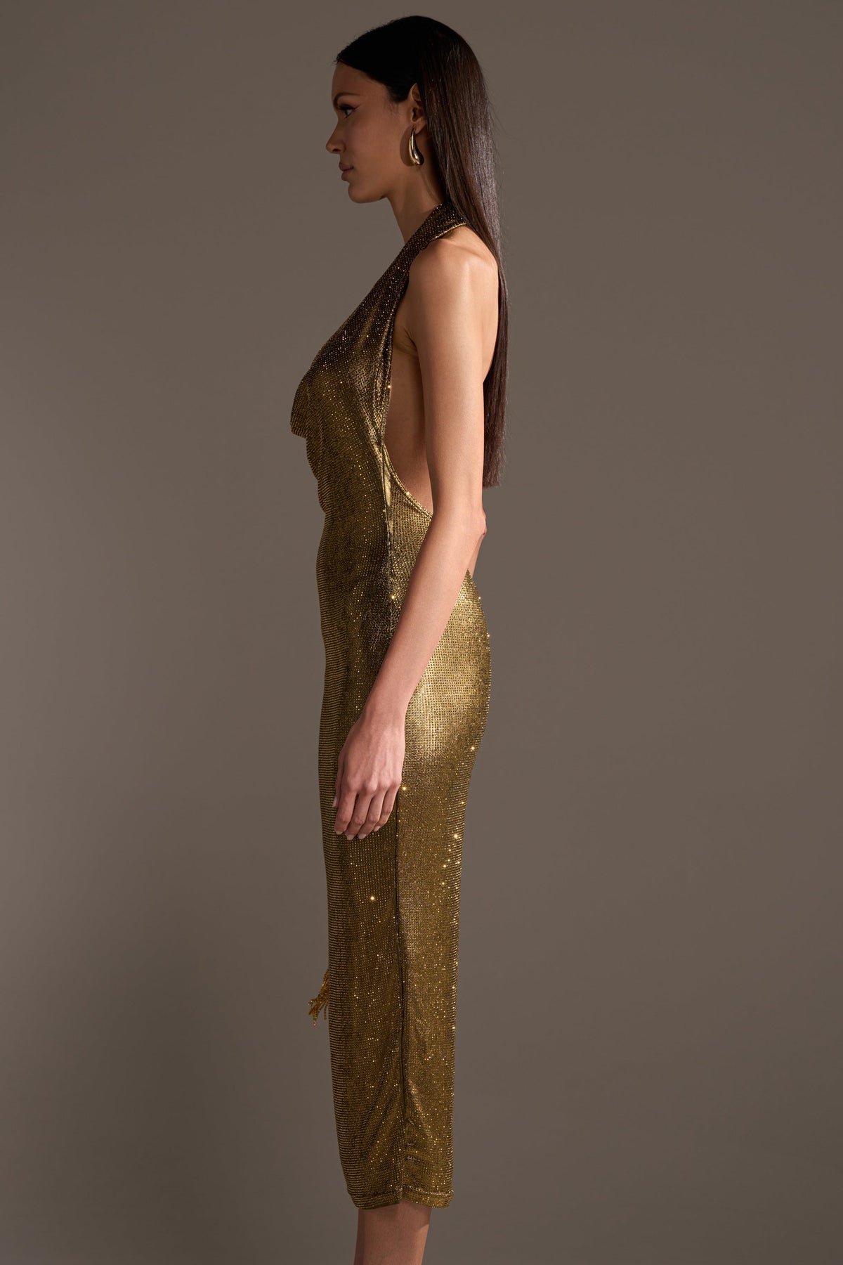 POPPIN' BOTTLES RHINESTONE MAXI DRESS IN GOLD