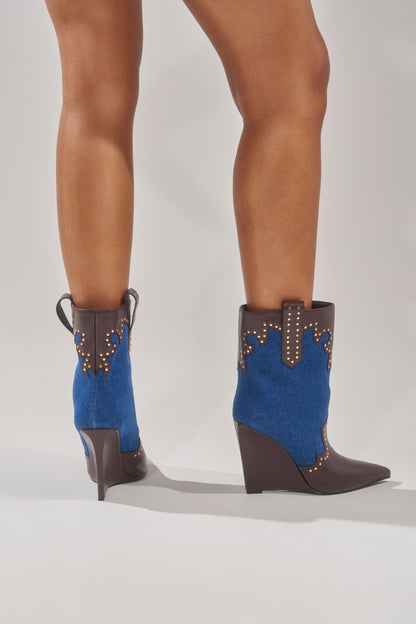 AZALEA WANG TALLULAH DENIM WEDGE WESTERN BOOTIE
