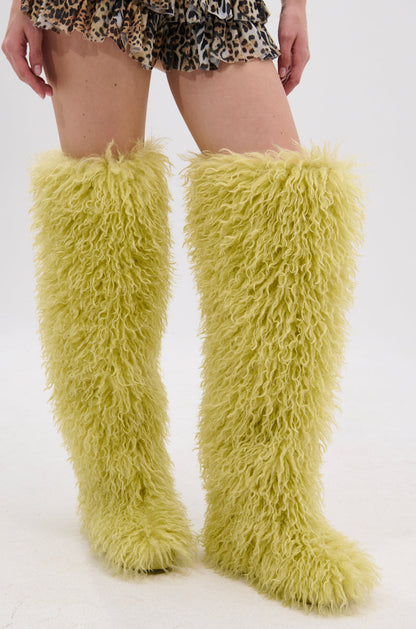 AZALEA WANG TEMPLETON LIME FAUX POODLE FUR OVER THE KNEE BOOT