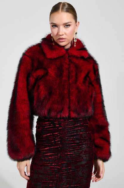 NOW YOU SEE ME FAUX FUR BOMBER IN RED