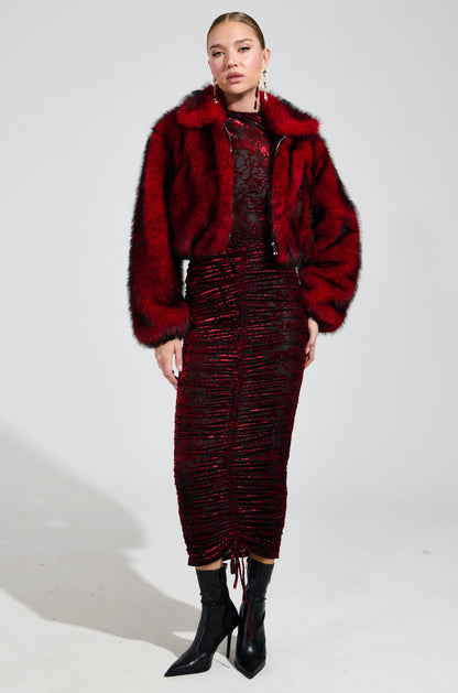 NOW YOU SEE ME FAUX FUR BOMBER IN RED
