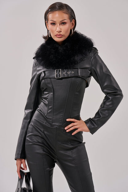 HALF MY HEART ULTRA CROPPED MOTO WITH FUR COLLAR