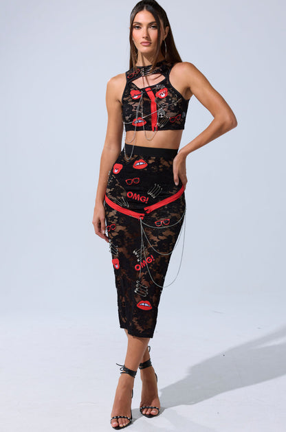 OMG LACE MAXI SKIRT WITH EMBELLISHMENTS