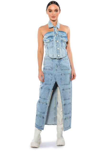 ANGELICA DENIM BUTTON DOWN COLLAR CORSET TOP