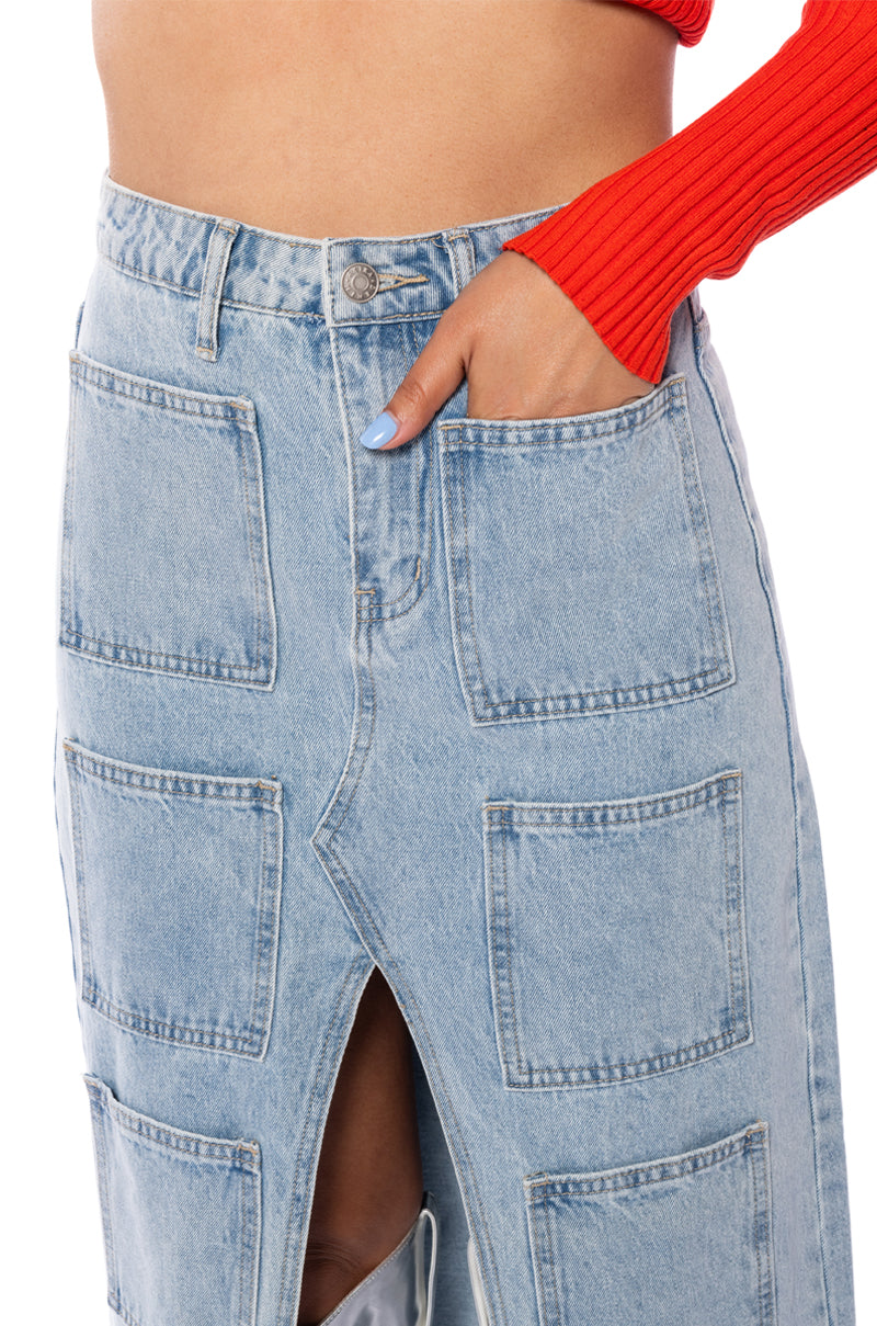 ANGELICA DENIM MIDI OPEN SLIT SKIRT