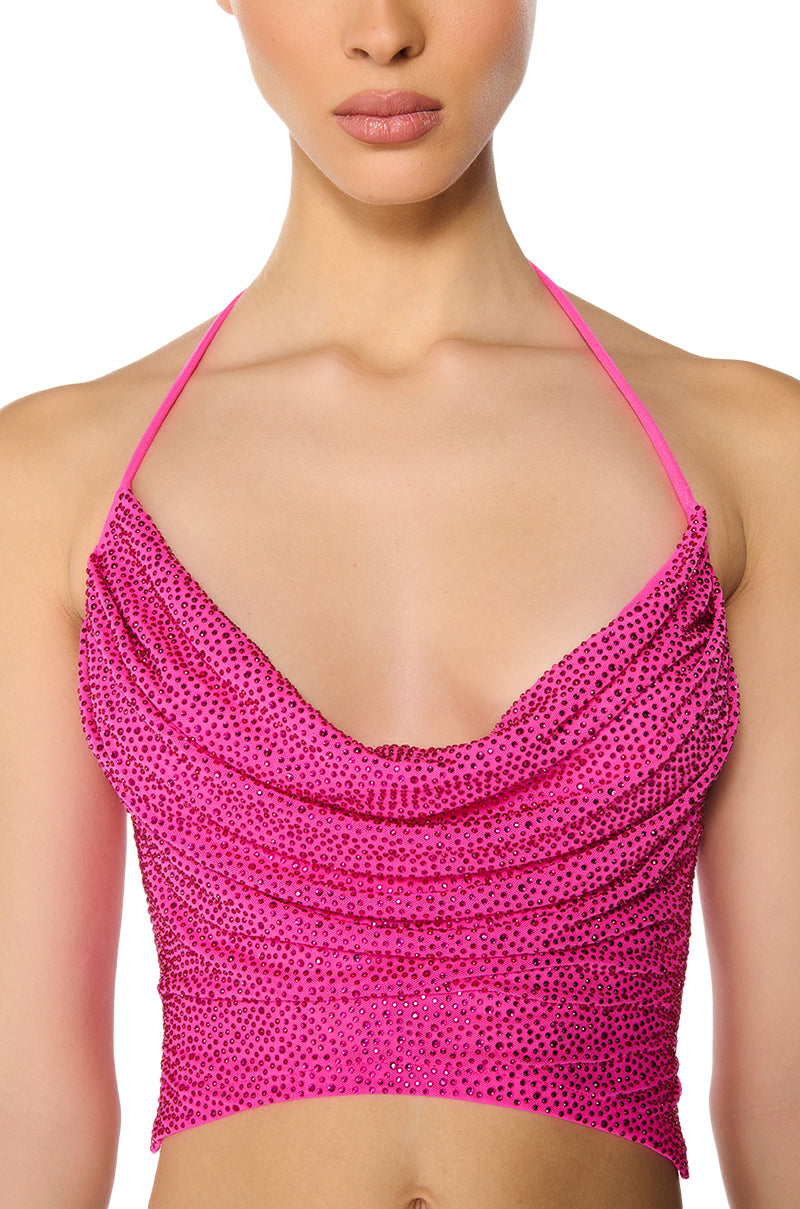 GLITZY RHINESTONE MESH HALTER TOP IN PINK