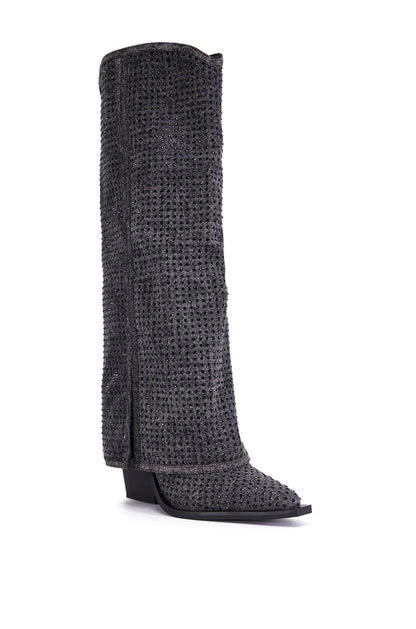 AZALEA WANG CALCIFER GRAY RHINESTONE AND DENIM WESTERN BOOT